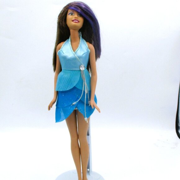 Barbie Doll With 1999 Body & 2003 Head In Blue Halter Dress & Brown-Purple Hair - Picture 2 of 5